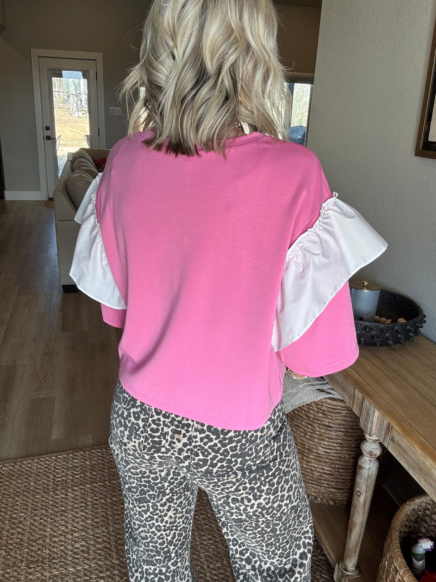 Pink/White Colorblock Ruffle Top