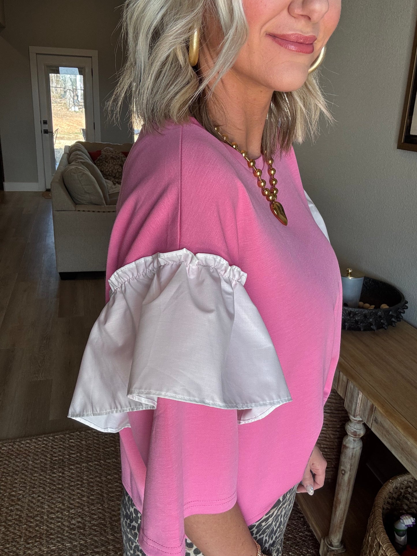 Pink/White Colorblock Ruffle Top