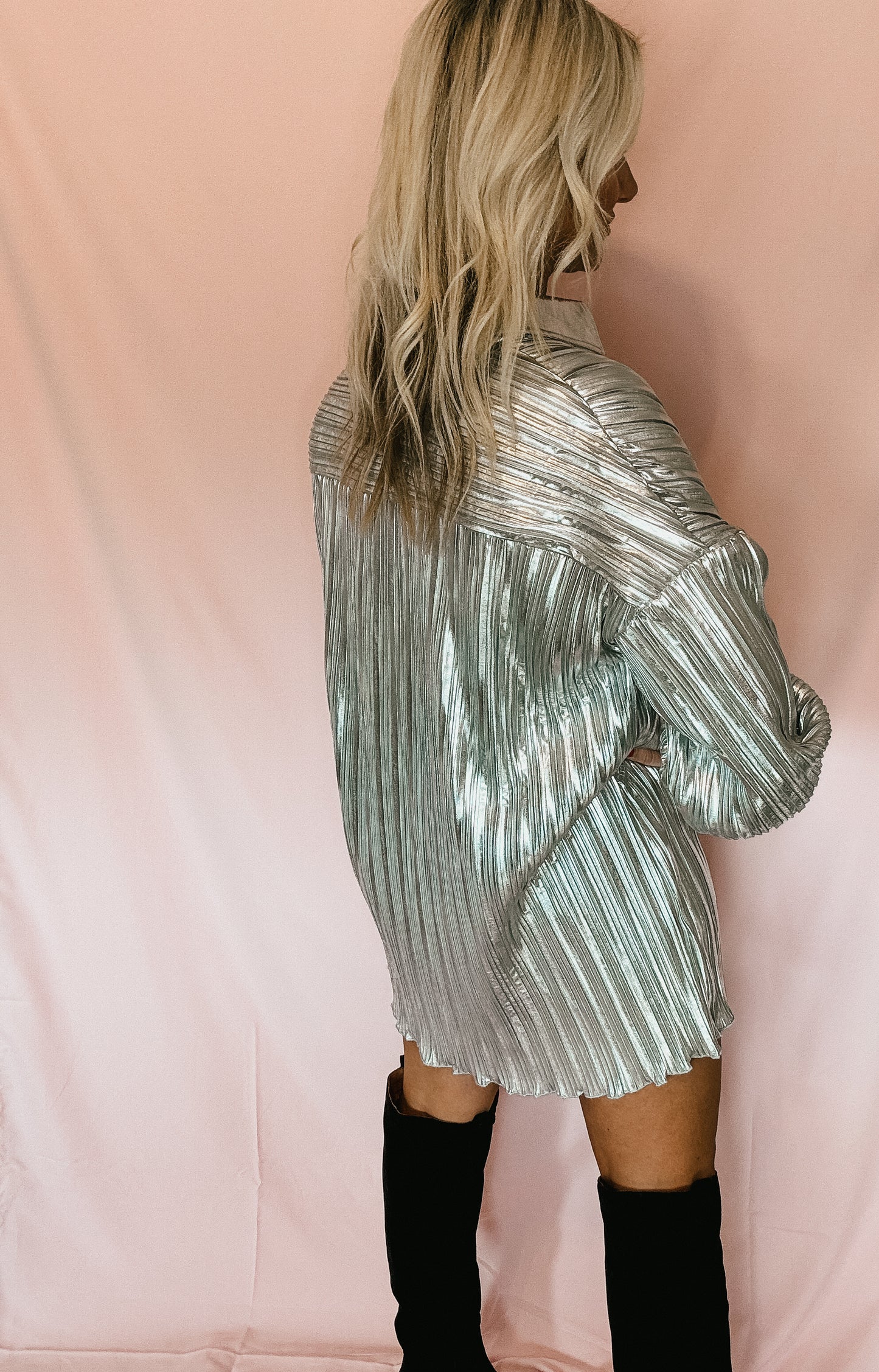 Metallic Silver Pleated Dress