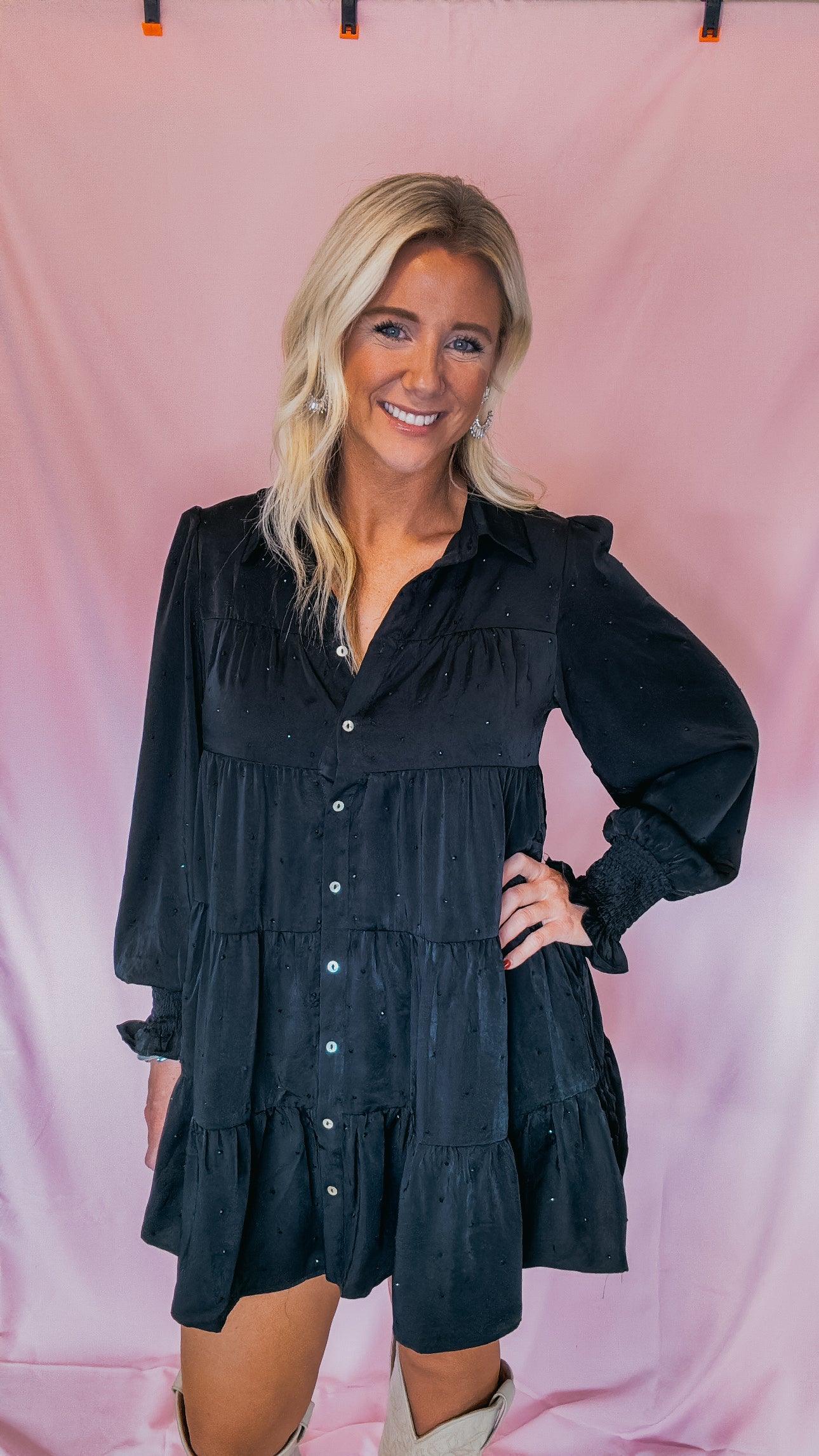 Rhinestone Button Up Dress- Black