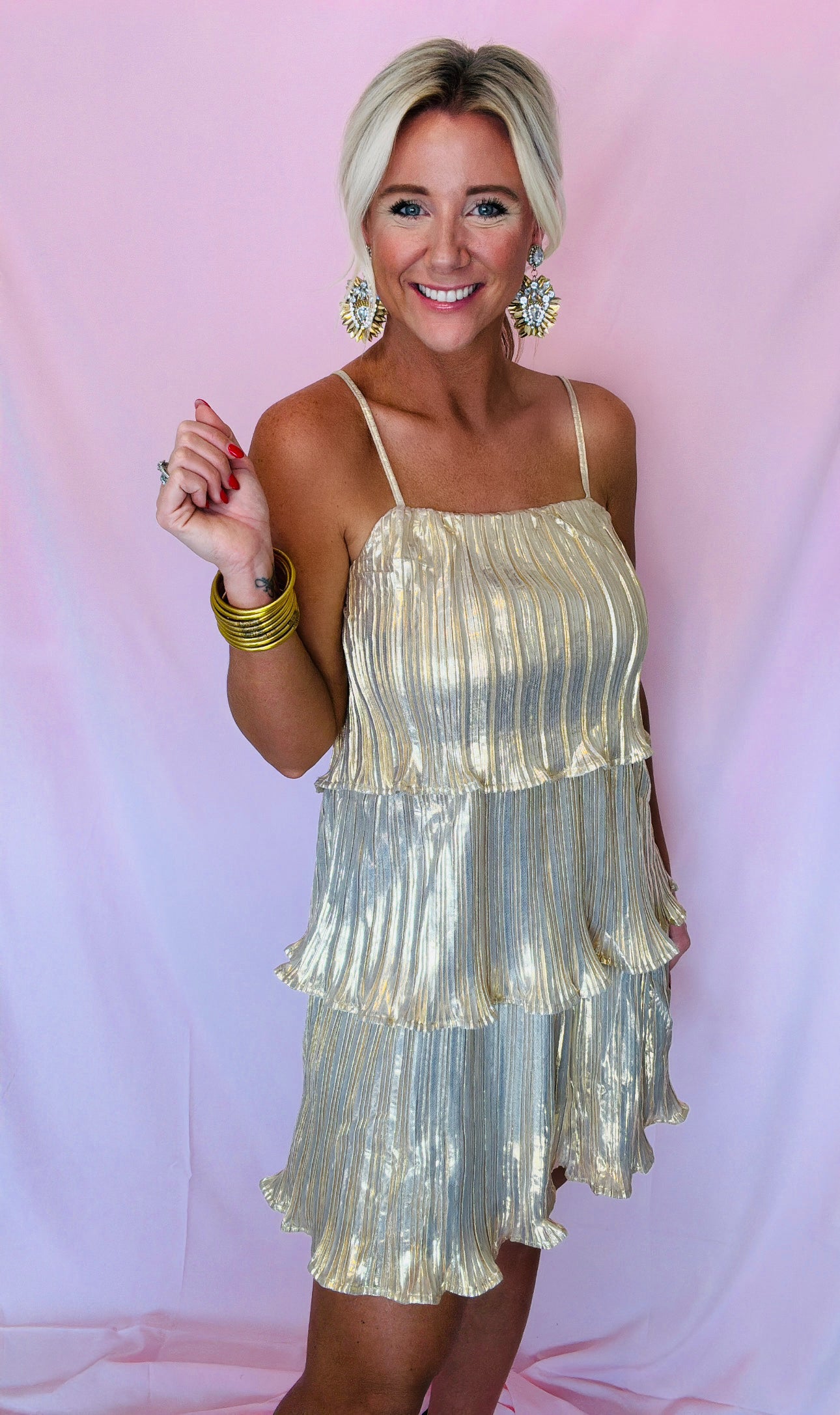 Gold Tiered Mini Dress The Tate House Gold Tiered Mini Dress The Tate House