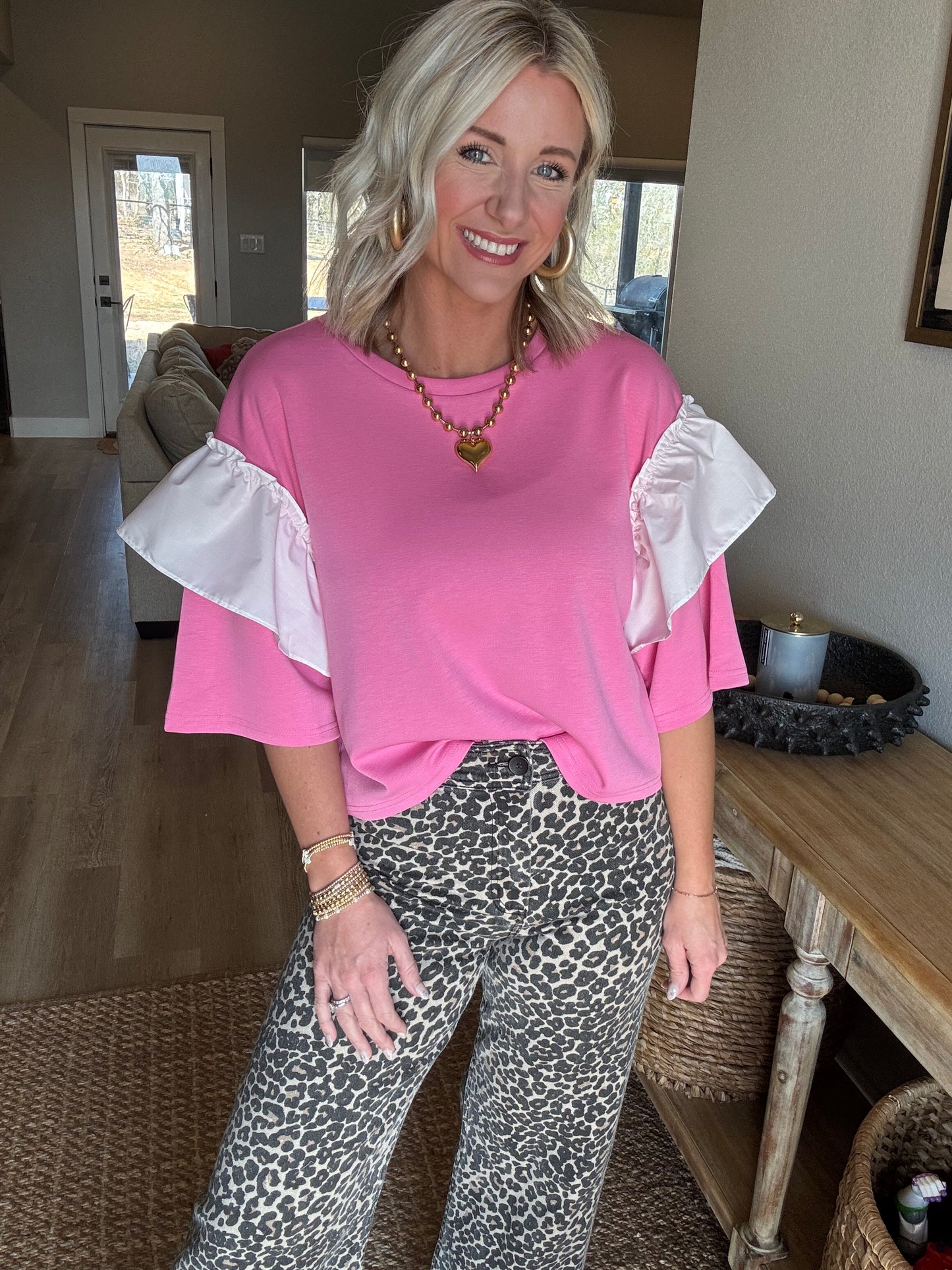 Pink/White Colorblock Ruffle Top