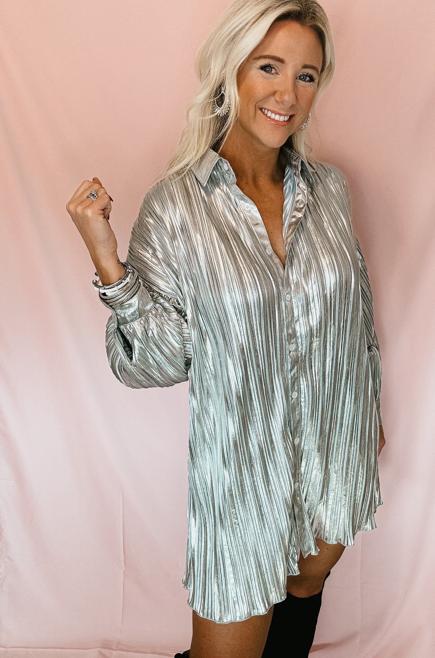 Metallic Silver Pleated Dress