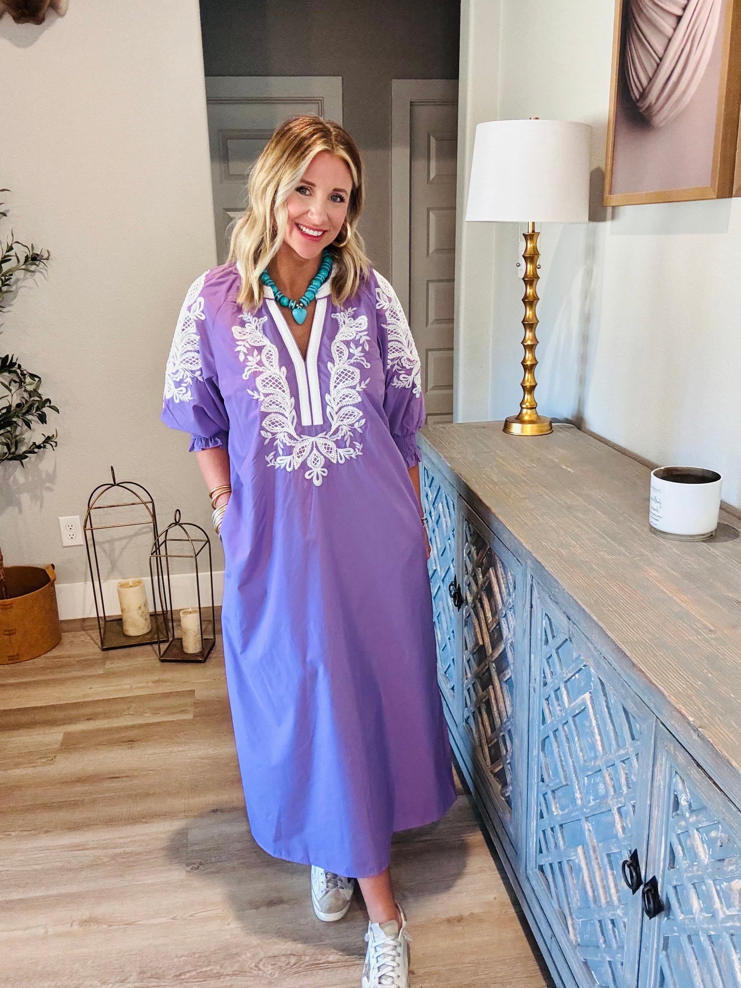 Lilac Embroidered Midi Dress