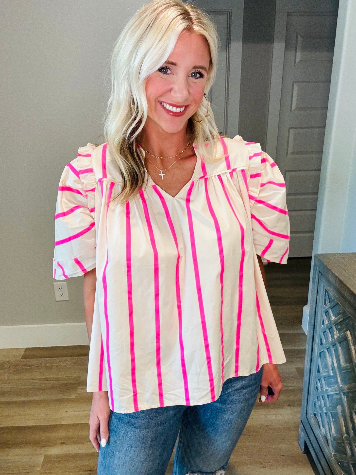 Hot Pink/Cream Ruffle Top