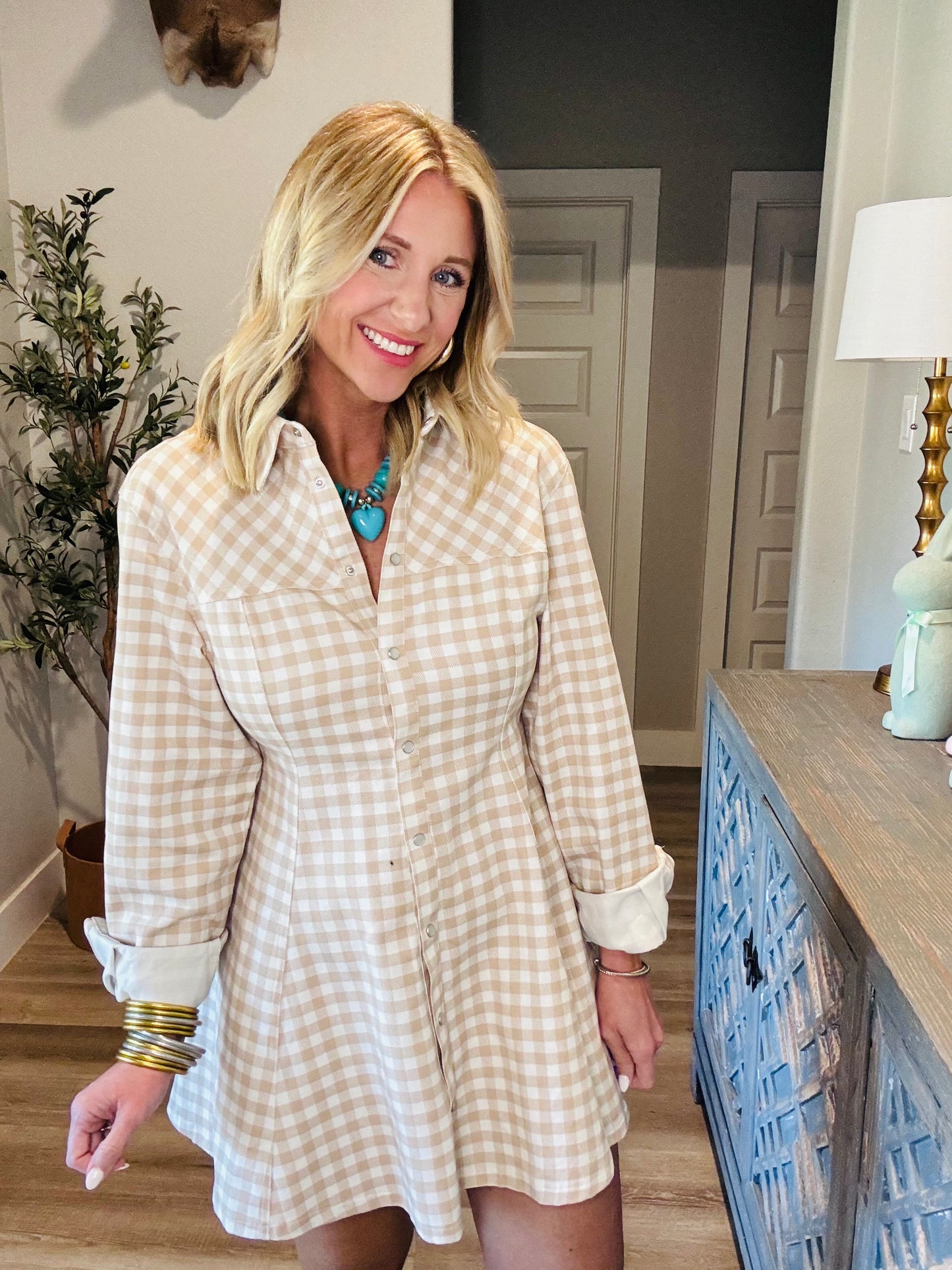 Kaya Gingham Pearl Snap Dress