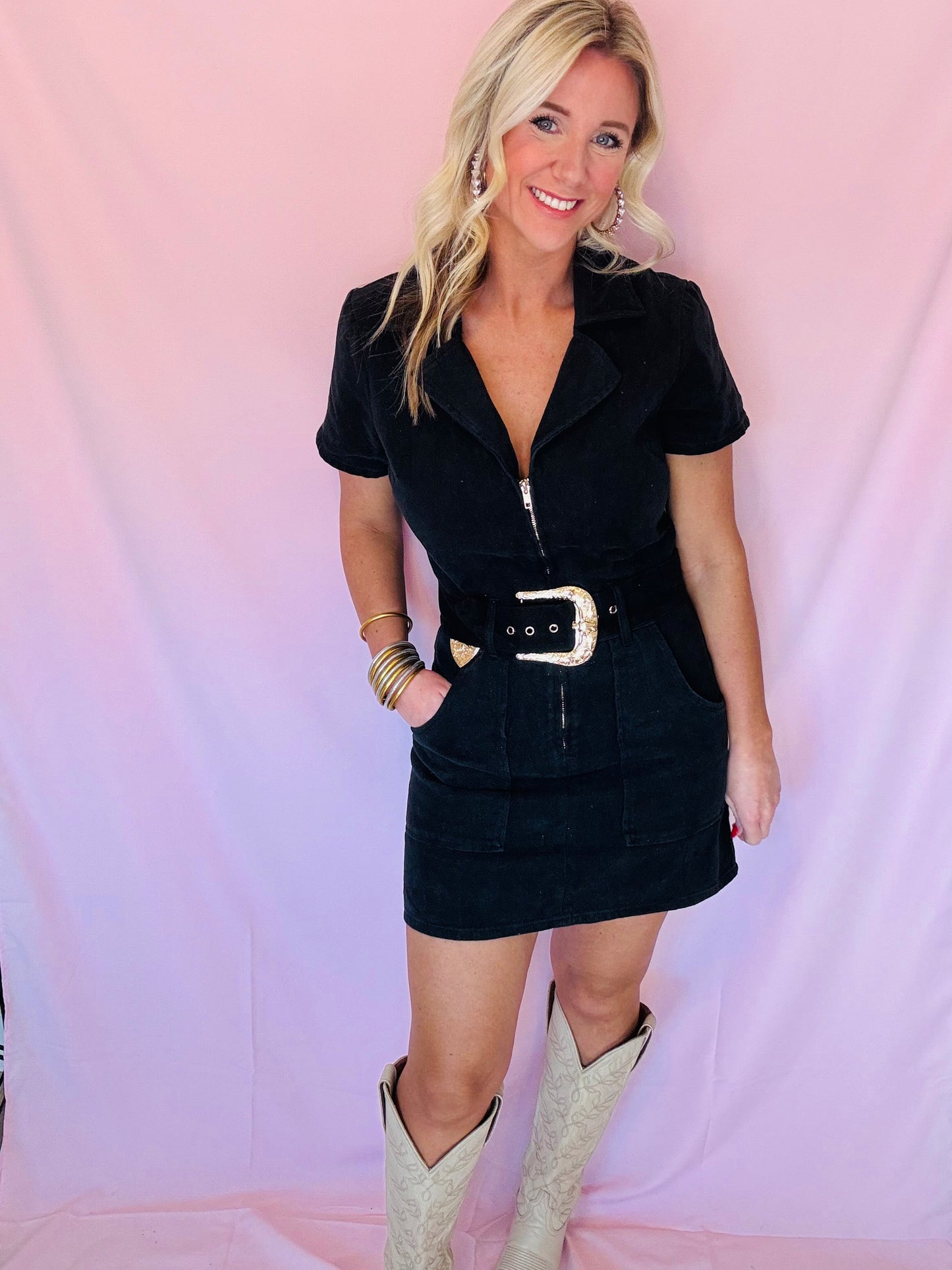 Black Denim Belted Dress