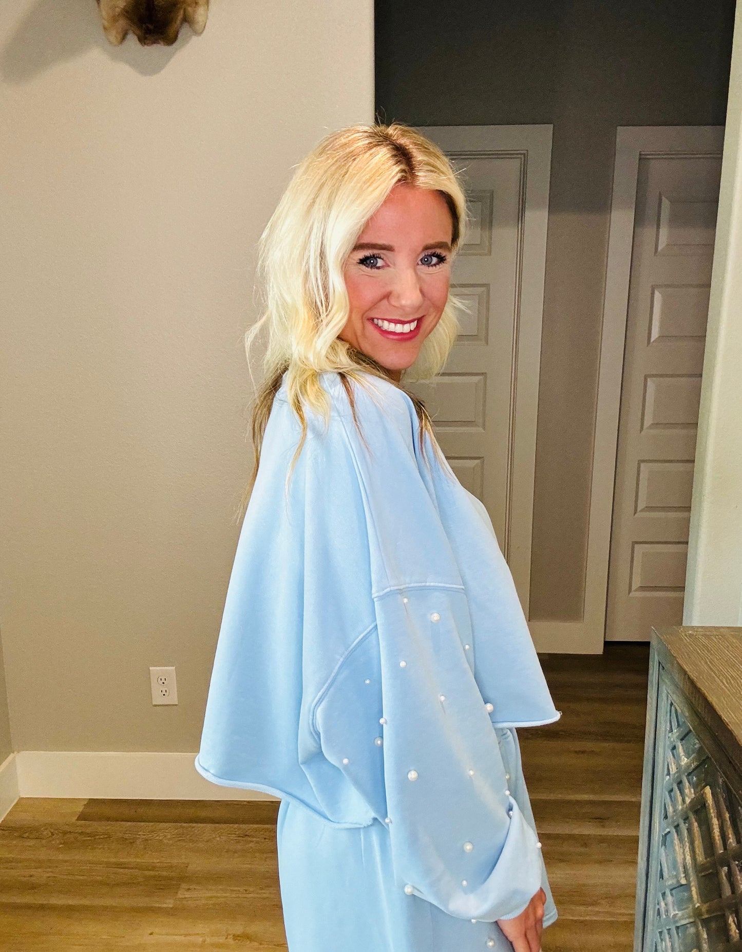 Baby Blue Pearl Cropped Sweatshirt