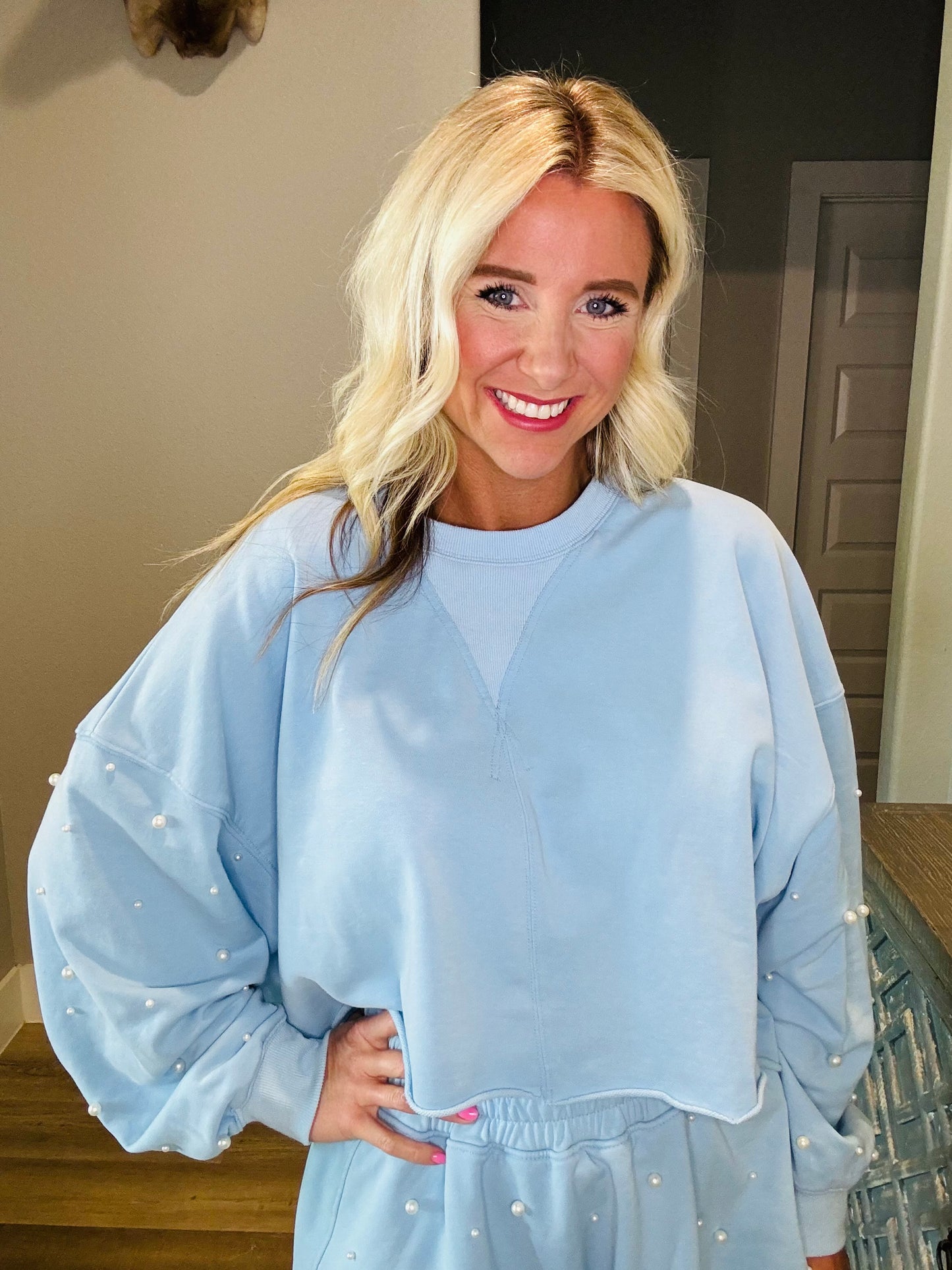 Baby Blue Pearl Cropped Sweatshirt