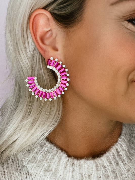 Emerald Half Hoop Earring- Magenta