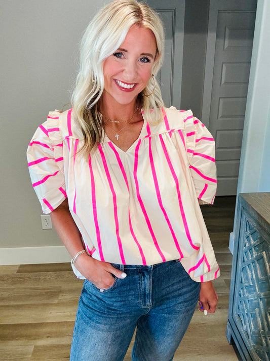 Hot Pink/Cream Ruffle Top